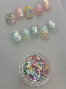 1盒2026全新原创水彩美人鱼彩色圆形亮片，神秘闪光质感美甲装饰，美甲配件，美甲用品，Y2K美甲组件 - 彩色 - 查看 3