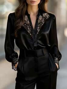 Trang phục nữ Xuân/Hè, Áo sơ mi satin trơn màu cài cúc với viền ren, Áo tay dài thời trang và thanh lịch, Trang phục công sở thường ngày cho nữ, Áo sơ mi đen với cổ tay áo viền ren, Áo sơ mi nữ thanh lịch, Quà tặng Ngày Valentine cho nữ - màu đen - Xem 12