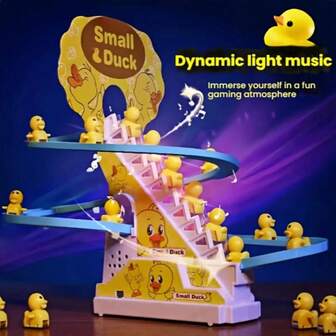 Pequeño juguete eléctrico de pato subiendo escaleras con música - Sin baterías incluidas, color mixto, funciona con baterías, voltaje de funcionamiento ≤36V, otro material principal de plástico