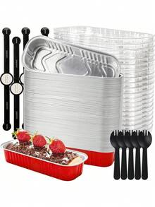 100pcs/Set Mini Toast Mold With Lid And Spoon, 100pcs, Pink, 6.8oz, Rectangular Aluminum Foil Baking Tray - Multicolor - View 9