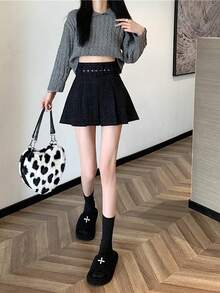 High Waist Slimming Metal Waist Belt A-Line Pleated Skirt, Shiny Tweed Fabric, Fashionable For Daily Wear, Dates, Commuting, Hanging Out With Friends, Autumn/Winter Japanese Chic Style Mini Skirt - Black - View 1