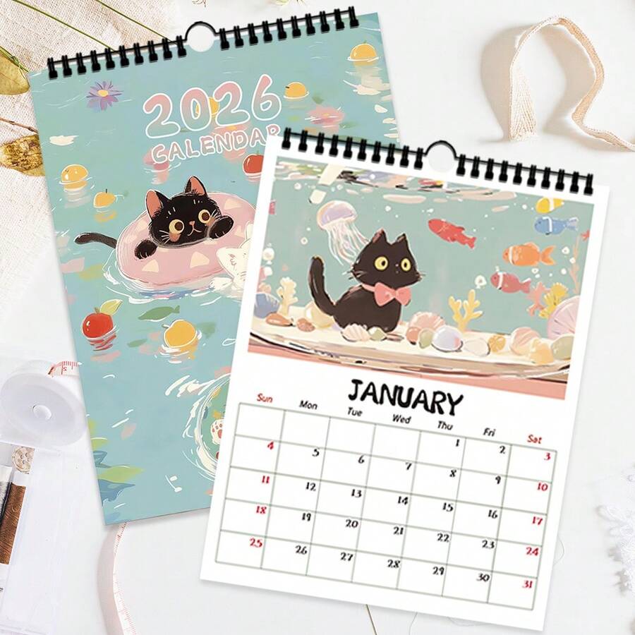 1本2026年挂历，可爱治愈系黑猫系列挂历，12种不同精美图案，2026年挂历，月度计划表，生日、圣诞节、新年完美礼物，包含美国标准版 - 單件 - 查看 1