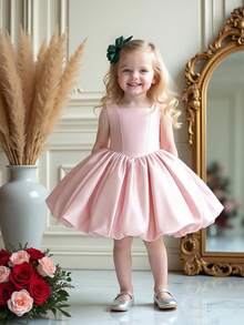 Baby Girls' Satin Square Neck Bow Back Cute Puff Flower Girl Dress, Suitable For 1st Birthday Party, Without Headband - Dusty Pink - View 3