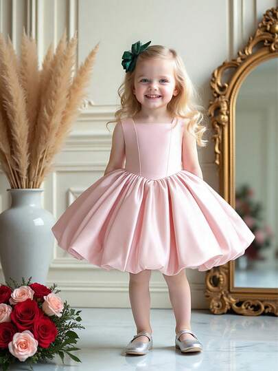 Váy hoa bồng bềnh cổ vuông bằng vải satin nơ phía sau dễ thương cho bé gái, thích hợp cho tiệc sinh nhật 1 tuổi, không kèm băng đô
