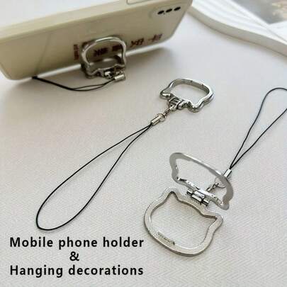 Soporte plegable de metal para teléfono con cordón ajustable - Soporte de escritorio de aleación de zinc para teléfono, diseño portátil y decorativo, agarre cómodo, cadena de teléfono con estilo de gato, accesorio de teléfono único, colgante de teléfono a la moda, soporte de teléfono portátil con textura de aleación y cordón, adecuado para mujeres. Compatible con iPhone, teléfonos Android, regalo para cumpleaños, familia, amigos. Accesorios de teléfono con gran capacidad de carga