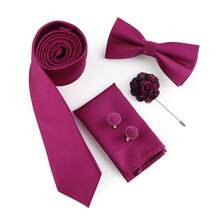 ZONFAZ 5pcs/Set Men's Business Classic Solid Color Necktie + Bow Tie + Pocket Square + Cufflinks + Lapel Pin Suit Accessory Set, Suitable For Weddings, Formal Events And Daily Suit Wear - Rose Red - View 4