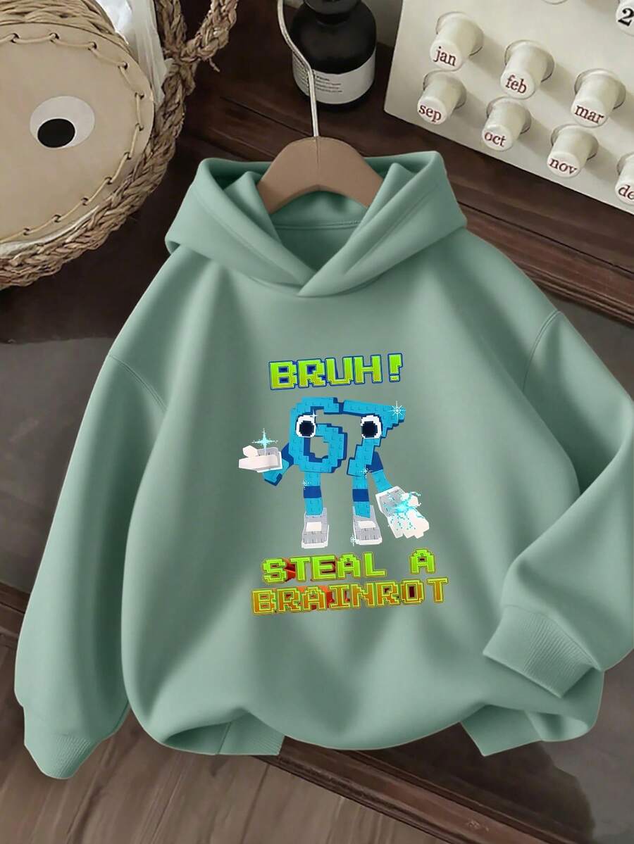 Sudadera con capucha forrada térmicamente para niño preadolescente, forro térmico cálido para otoño e invierno, sudadera oversize, estampado de robot de píxeles de dibujos animados, adecuada para uso diario y casual en otoño e invierno, estampado del número 67, diseño divertido de dibujos animados, adecuada para estudiantes jóvenes/streetwear/casual/moda/diario/deportivo/ropa universitaria, primavera y verano, adecuada para compras, escuela, viajes, regreso a la escuela, ceremonia de graduación, top unisex, top de manga larga para clima frío, top verde matcha, jersey, vacaciones, ropa para niños preadolescentes - Matcha verde - Ver 1
