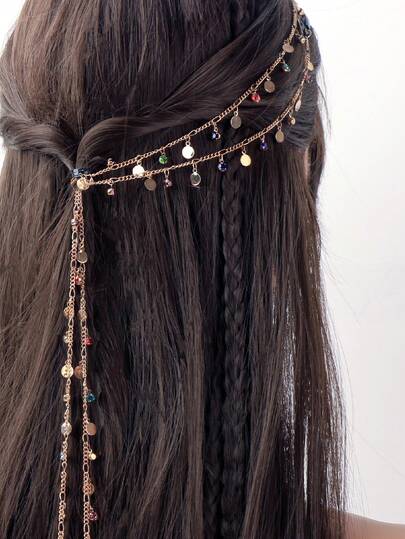 1pc Women's Hair Clip Chain, Colorful Rhinestone Sequin Tassel Hair Clip Hairpin Hair Accessory, Headpiece, Head Jewelry, Bride To Be, Hair Accessories For Women