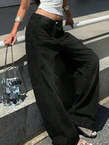 Teen Girls' Fashionable Loose Fit Pocket Flare Leg Jeans - Black - View 3