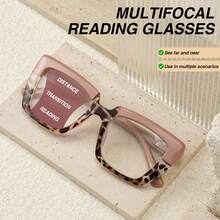 1 pezzo Occhiali da lettura multifocali alla moda per donna, lenti progressive multifocali 2-in-1, design colorblock con stampa leopardata, aste con cerniere morbide e confortevoli, occhiali bifocali versatili e vintage - mezza polvere - Visualizzare 3
