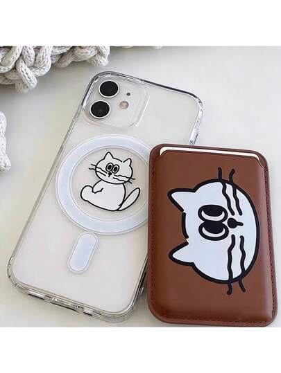 苹果卡套 2 件装 韩版透明花卉猫咪 适用于磁吸无线充电手机壳 兼容 16 15 14 13 12 11 Pro Max 手机壳 钱包式配件 防水防震防摔防刮