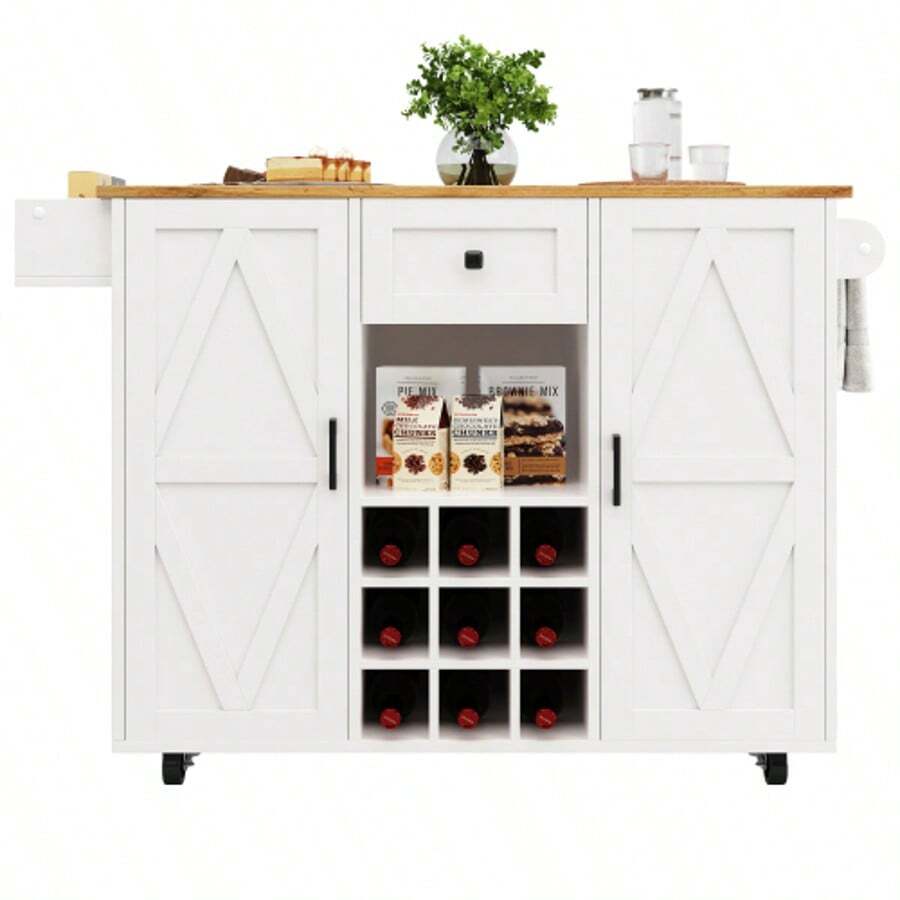 Modern Kitchen Island, Kitchen Cabinet, Sideboard, Food Trolley With Wood Grain, Sideboard, Multifunctional Dining Table With Storage Space, Food Trolley With Snack Shelves And Stretch Function Cabinets - White - View 1