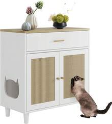 Mueble Oculta para Arenero de Gato de Esquina con Cajón de Almacenamiento, Gabinete de Madera con 2 Puertas Rascadoras, Arenero Cerrado Resistente a Perros - Blanco - Ver 1