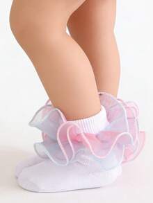 1 Pair Kids/Children Colorful Ruffle Flower Mid-Calf Socks, Versatile For School Uniform - White - View 6