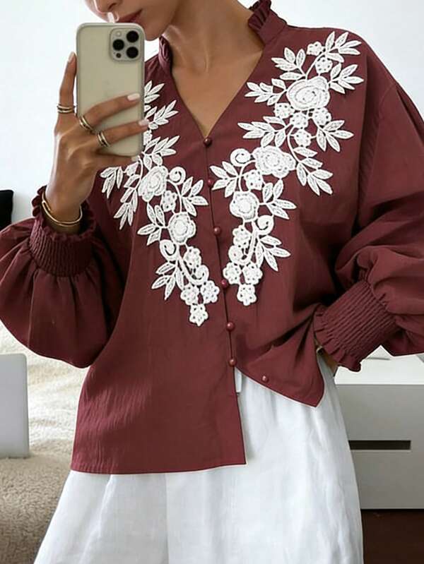 Spring New Vintage Elegant Women's Shirt: Rust Red V-Neck Cardigan With Button, Puff Sleeves And White Embroidered Design, Retro Chic, Loose Fit H-Line For Vacation & Leisure