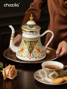 1pc Enamel Coffee Pot With Floral Pattern, 1.2L Narrow Spout Pour-Over Kettle For Coffee & Tea Brewing, Suitable For Electric Stove And Gas, Home Boiling Pot - Russian Flower Waist Enamel Pot - View 2