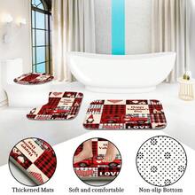 Conjunto multifuncional para banheiro com cortina de chuveiro, estampa xadrez e corações com a palavra "LOVE" (1 peça, 3 peças ou 4 peças), 12 ganchos inclusos, tapete de banheiro, tapete em formato de U e tapete redondo para vaso sanitário, perfeito para qualquer ocasião. Ideal para o Dia dos Namorados.