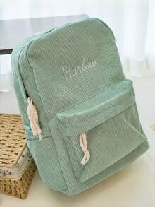 1 Peça Mochila Bordada com Nome Personalizado, Mochila Estilo Faculdade em Veludo Cotelê para Mulheres, Mochila Bordada com Nome de Grande Capacidade e Moda - Multicolorido - Visão 4