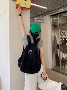 JIANSHANGGUSHI 2026新款抽绳褶皱背包，大容量休闲学生书包，男女通用，防水尼龙面料，多种颜色可选 - 黑色 - 查看 7