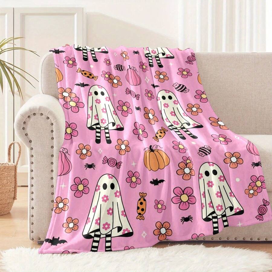 1 Piece Soft Flannel Blanket - Cute Ghost, Pumpkin, Bat, And Floral Patterns In Pink, Purple, Orange, White - All-Season Comfort Blanket Suitable Halloween,, Home, Office, Camping - Lightweight And Warm Bed Sheet, Sofa Cover, Decorative Bedding - Easy To Clean, Washable