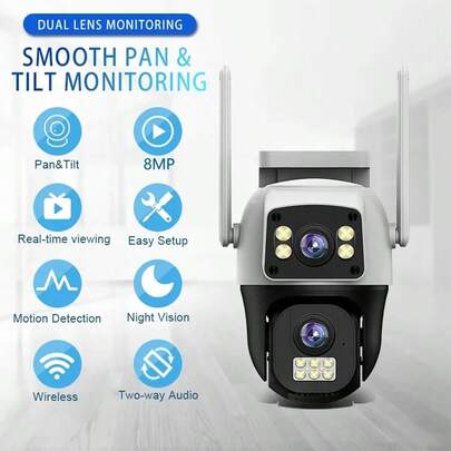 2NLF -8MP Cámara WiFi de  PTZ para exteriores con doble pantalla, detección humana con IA, doble lente, protección de segurida d, cámara IP y audio bidireccional.