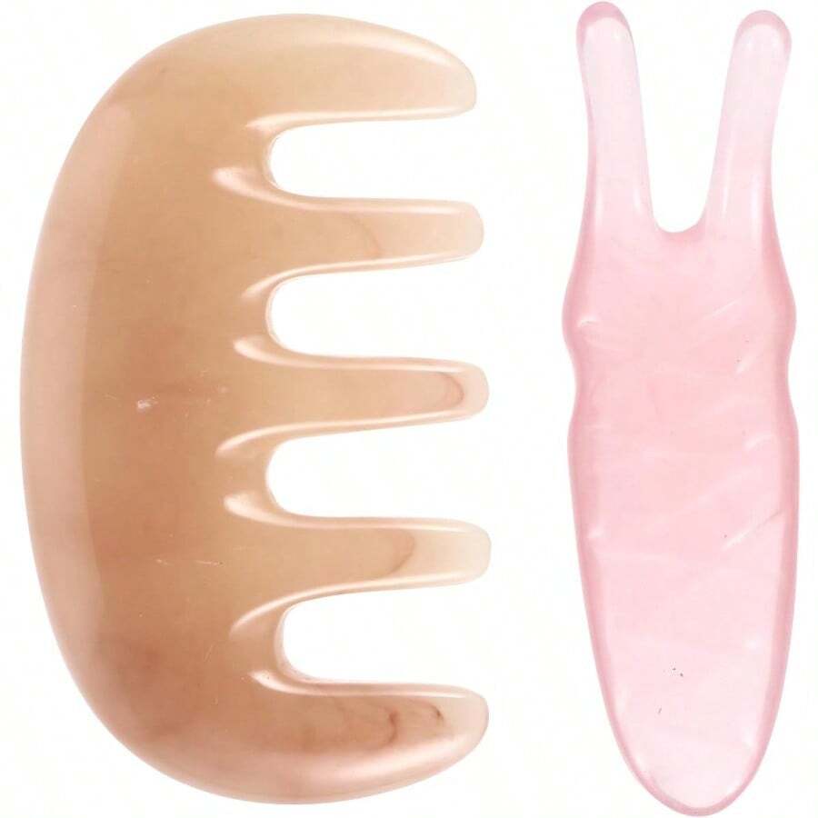 LALAFINA Peine Raspador De Masaje Para Cuero Cabelludo Y Rostro 2 Piezas Con Tenedor Guasha En Forma De Y Para Estimulación De Puntos De Acupuntura Y Alivio De Tensión - Rosa - Ver 1