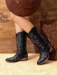 Botas de Vaquero para Mujer de Media Pantorrilla con Punta Cuadrada, Cowboy Boots para Dama con Tacón Grueso - Negro - Ver 2