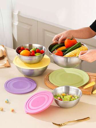 一套带盖不锈钢搅拌碗，可作沙拉碗、家用水果碗、多功能碗、冰箱储物碗、厨房工具、蛋糕烘焙碗、餐厅食品搅拌碗