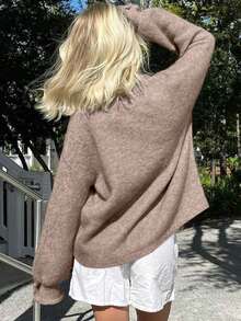 Just Masa Women's Winter Sweater, Casual Elegant Solid Brown Button-Front V-Neck Long Sleeve Cardigan - Camel - View 2