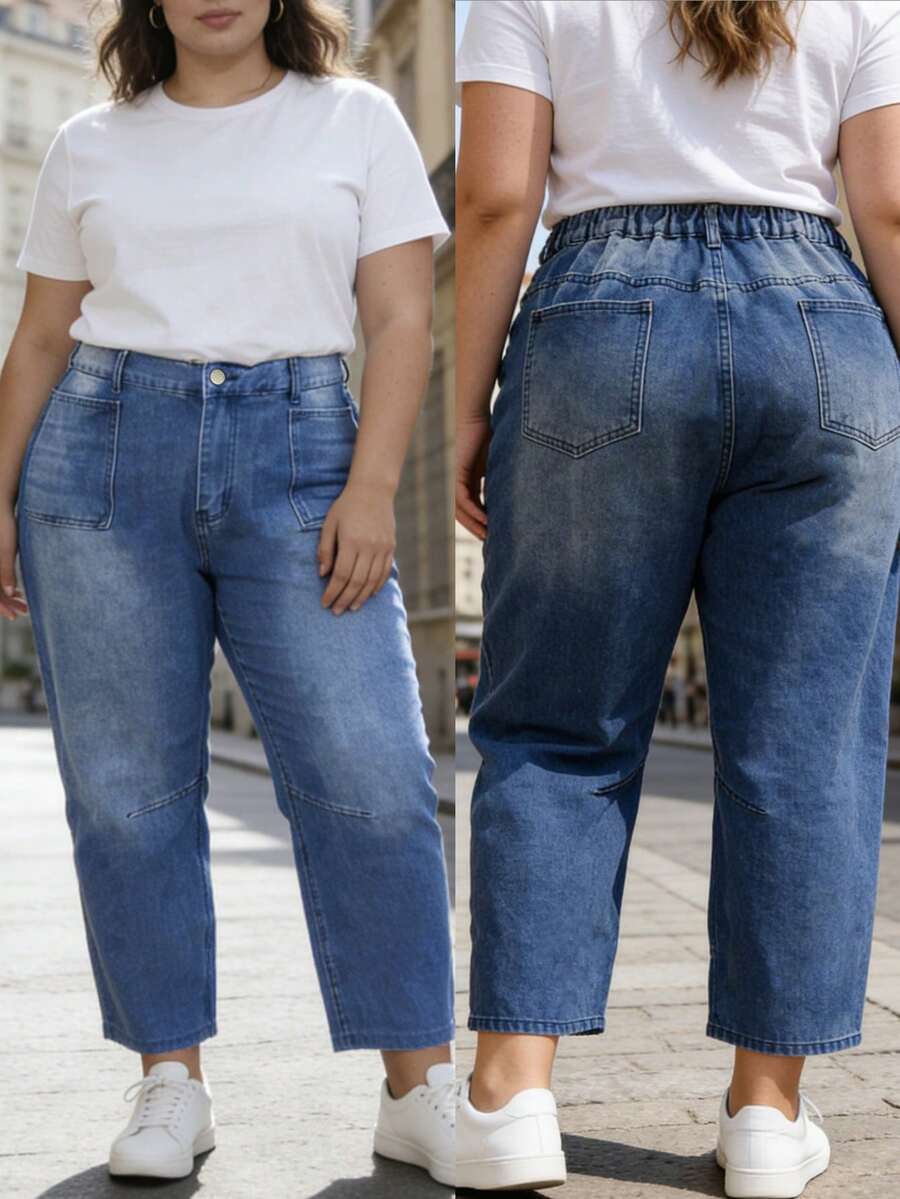 大码夏季蓝色高腰日常优雅休闲七分牛仔裤 - 中等水洗藍 - 查看 1