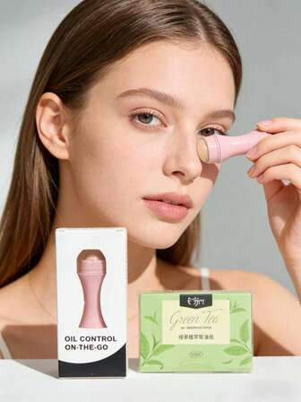 Rodillo facial recargable para absorber aceite (rosa claro) con 100 hojas absorbentes de aceite gratis - Herramienta portátil para eliminar el aceite del rostro para el cuidado de la piel en movimiento