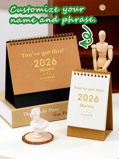 Lịch để bàn phong cách tối giản năm 2026 tùy chỉnh, lịch để bàn bằng giấy Kraft cổ điển với tên và cụm từ tùy chỉnh, gáy lò xo đôi, sổ kế hoạch để bàn bằng giấy dày để theo dõi ngày tháng và sắp xếp lịch trình, trang trí văn phòng/nhà/ký túc xá/quán cà phê được đánh giá cao, lý tưởng cho sinh viên/nhân viên văn phòng/chủ nhà, vật trang trí bàn làm việc tiện dụng để lên kế hoạch hàng ngày và ngày lễ, quà tặng nhỏ, quà tặng năm mới.