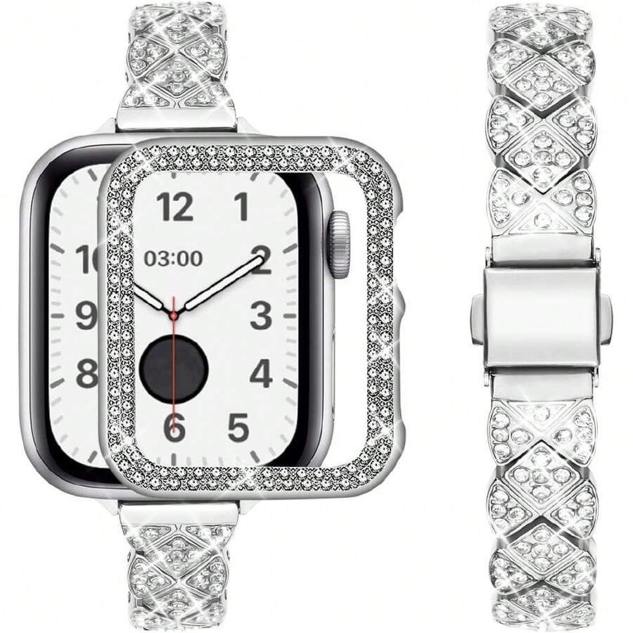 Brillante Correa Mujer 45mm con Diamantes, Correa de Acero Inoxidable Delgada con Funda Protetora para series 8 y 7-Plata 45mm,36837530 - Rosa vieja - Ver 1