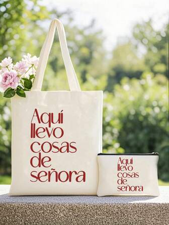 Unisex Canvas Bag Set Includes A Shoulder Bag And A Cosmetic Bag. It Features A Simple, Preppy Style And Is Printed With The Slogan "I Carry All My Women's Essentials Here." Made Of Canvas, The Set Includes A Beige Shopping Bag And A White Stationery Bag. The Bags Are Foldable, Portable, And Durable, And Feature A Printed Design. A Diaper Bag Is Also Available.