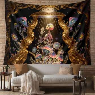 1 st väggbonad i polyestertyg med majestätisk dödskalle och UFO-mönster, lämplig för vardagsrum och sovrum, mystisk och fantastisk design, mjukt tyg, stor storlek, heminredning i bohemisk stil, visar upp kosmiskt landskap