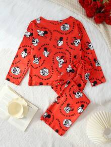 Disney 少女米妮字母印花休闲圆领长袖松紧腰裤套装，可爱图案，舒适日常穿着 - 紅色 - 查看 2