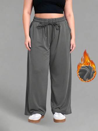Plus Size Women's Thermal Lined Sweatpants, Suitable For -5°C, Drawstring Waist Casual Wide Leg Pants With Multiple Pockets, Loose Fit For Outdoor Running & Workout, Autumn/Winter