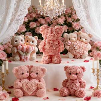 Ramo de flor de rosa y oso de peluche sosteniendo un corazón, adecuado para hacer velas perfumadas hechas a mano, yeso aromático DIY, decoraciones de resina epoxi, moldes de silicona