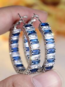 1 Pair Of Shimmering Luxury Two-Tone Synthetic Zirconia Striped Women's Earrings Elegant And Versatile Jewelry Designed For Women And Girls Captivating Party Accessories - Royal Blue - View 6