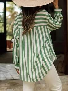 Camisa de mujer de manga larga con bloque de color y estampado de rayas, blusas de manga larga - Verde - Ver 2