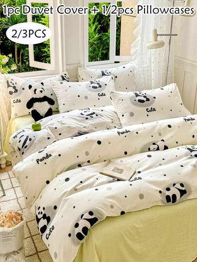 2/3件套卡通熊猫图案印花涤纶被套套装，可爱现代四季皆宜的床上用品套装，双面儿童被套，柔软透气，可机洗，（1个被套+1/2个枕套，不含填充物）