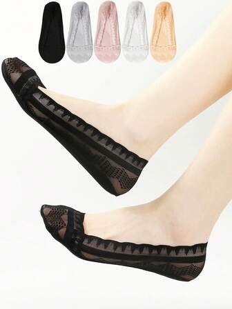 5 pares de calcetines cortos de verano transparentes y sin costuras con encaje para mujer, set de calcetines bajos de corte bajo con silicona antideslizante, elegantes y de moda