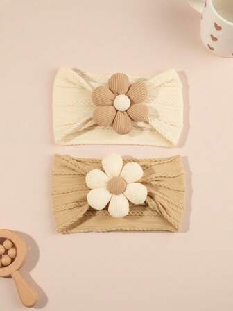2pcs/Set Infant Floral Jacquard Headbands, Super Soft Nylon Elastic Hair Bands For Baby, All Season
