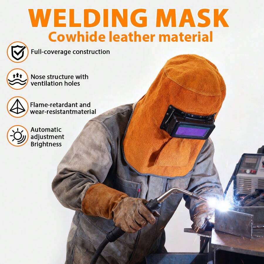 Variable Light Welding Mask Double-Layer Cowhide Pipe Welding Cap Glass Head Cover Head-Mounted Electric Welding Protective Mask