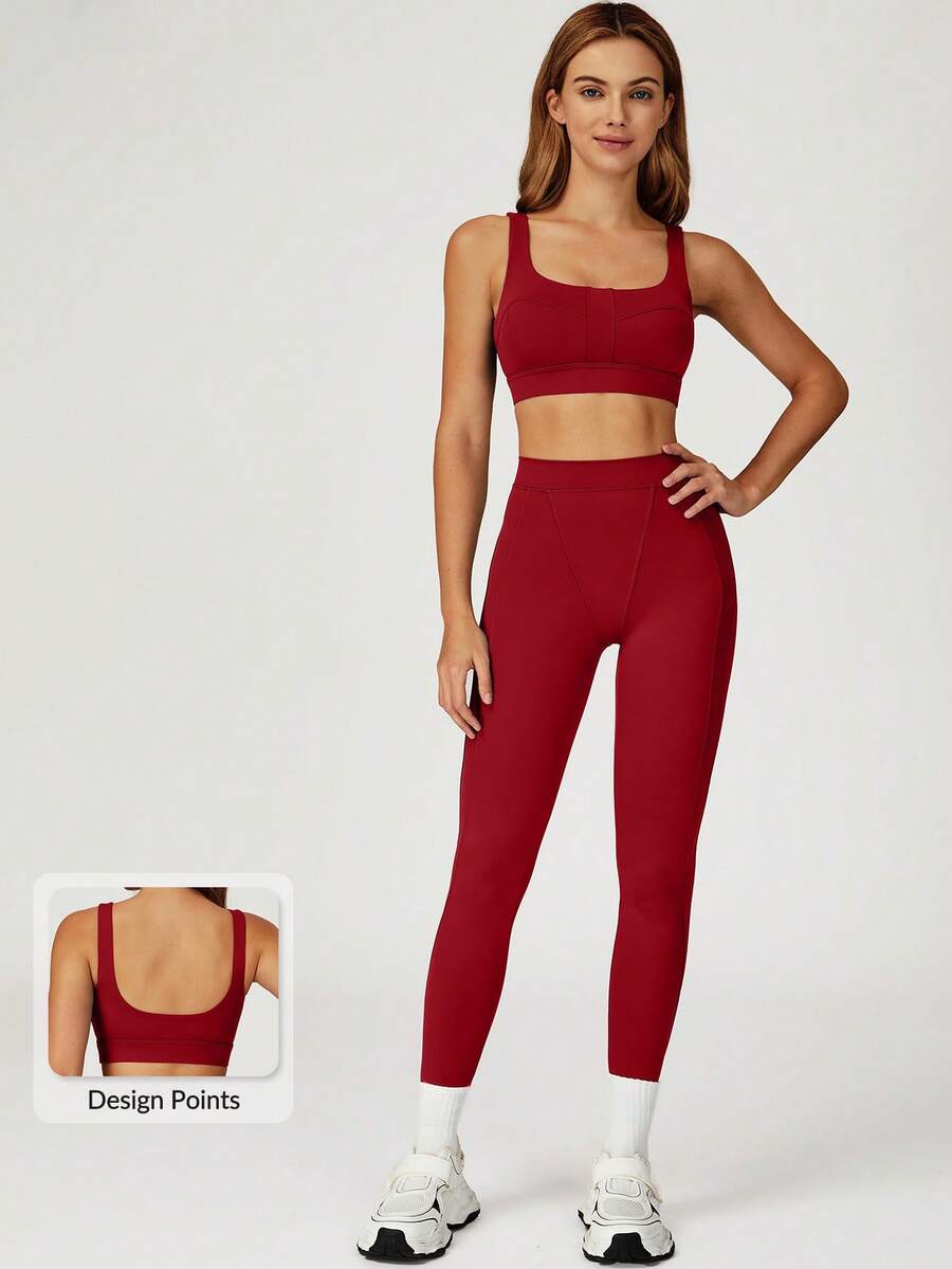 MASKERT Conjunto deportivo para mujer: Sujetador deportivo de cuello cuadrado + Pantalones de yoga de cintura alta y ajuste ceñido, amigable con la piel y que realza la figura, conjunto de 2 piezas para fitness, entrenamiento, correr y actividades al aire libre - Rojo Arcilla - Ver 1