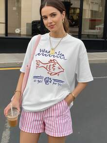 El océano rico en vitaminas es bueno para ti, peces, Camiseta holgada de manga corta casual para mujer, Año Nuevo Chino, Año Nuevo Lunar, Año del Caballo, Festival de Primavera, Feliz Año Nuevo, Día de San Valentín - Blanco - Ver 1