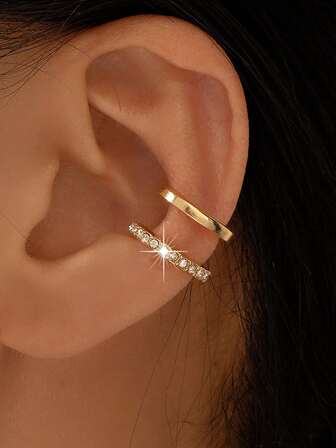 1pc Micro Double-Layer Crystal Clip-On Earrings, Elegant Casual Style Crystal Embedded Women's Party Earrings, Delicate Ear Cuff