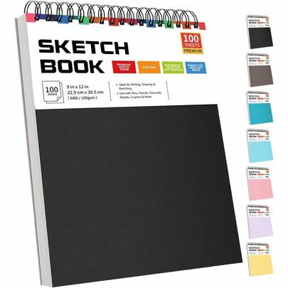 9英寸×12英寸素描本，50/100页，顶部螺旋装订，无酸素描本，68磅/100克/平方米，适用于绘画、素描、写作，艺术家素描本