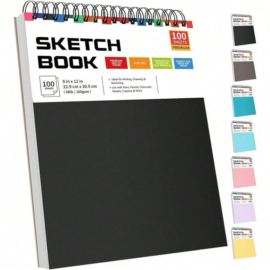 9英寸×12英寸素描本，50/100页，顶部螺旋装订，无酸素描本，68磅/100克/平方米，适用于绘画、素描、写作，艺术家素描本 - 彩色 - 查看 1