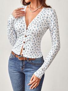 Floral Print Lace Trim Fitted Long Sleeve Sexy Deep V-Neck Waist Cinched Short Dress, Fresh Blue & White - Multicolor - View 3